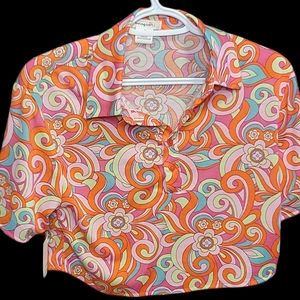New Passport Orange Retro print 1/4 button up cropped shirt